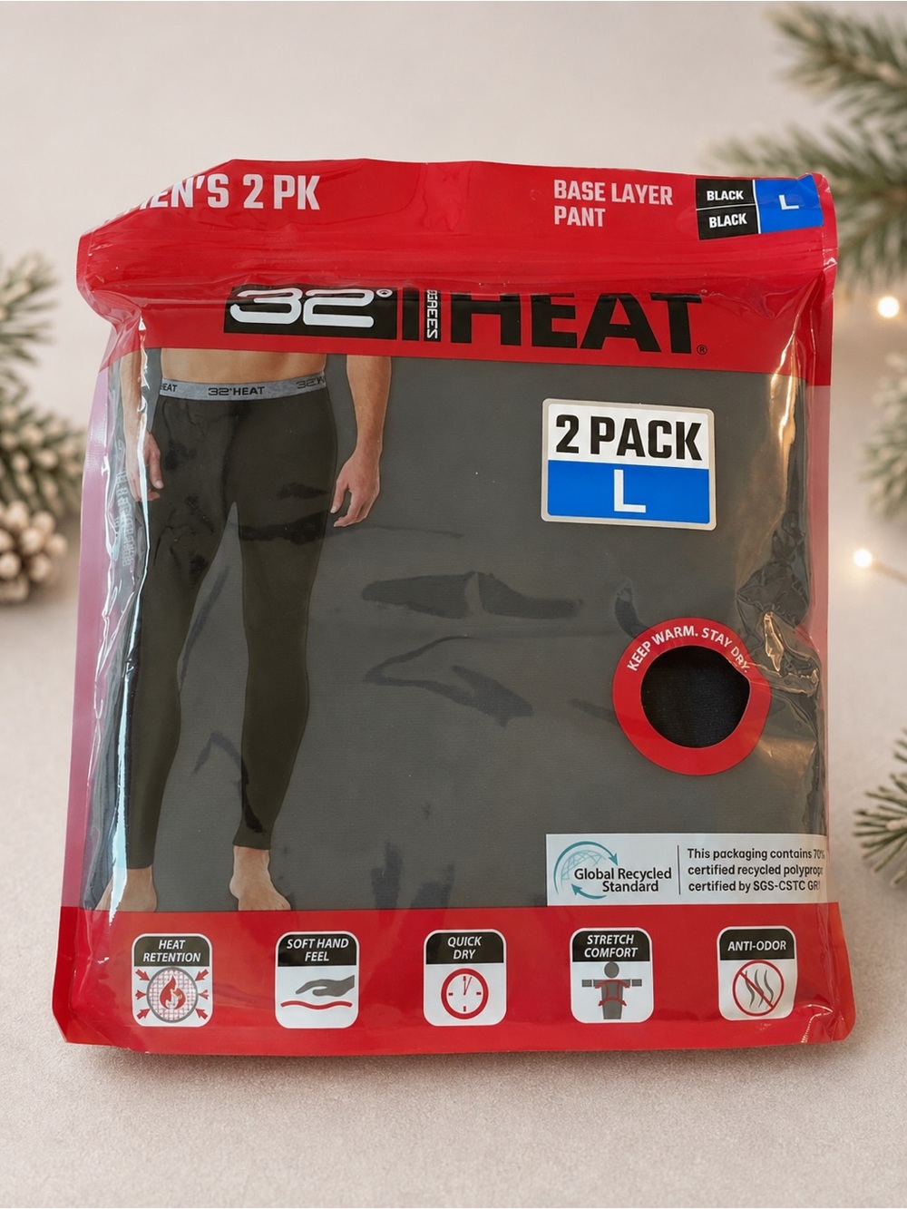 32 Degrees Men’s Black Base Layer Pants - 2 Pack, L